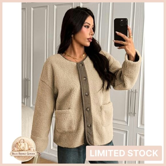 Faux Fur Sherpa Jacket Button Down Pockets Casual Winter Outerwear - Picture 8 of 8